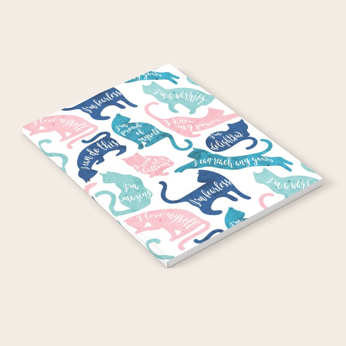 Be like a cat // white background pastel pink blue aqua and teal cat silhouettes with affirmations Notebook Gallery Image 1