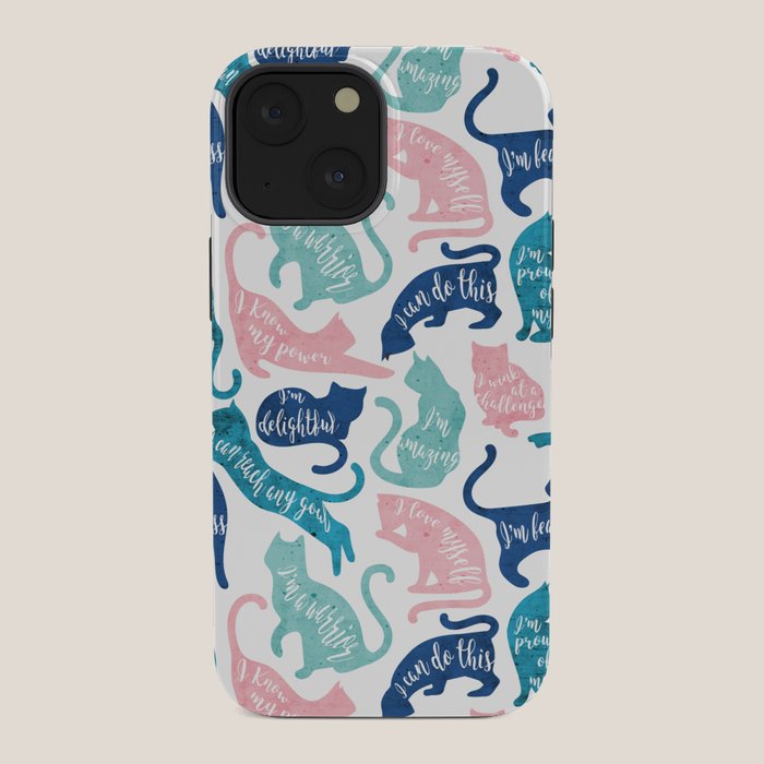 Be like a cat // white background pastel pink blue aqua and teal cat silhouettes with affirmations iPhone Case Gallery Image 34