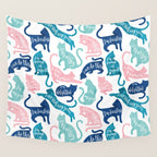 Be like a cat // white background pastel pink blue aqua and teal cat silhouettes with affirmations Wall Tapestry Gallery Image 4