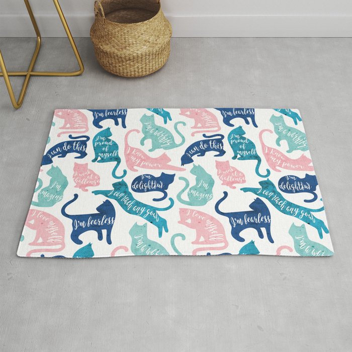 Be like a cat // white background pastel pink blue aqua and teal cat silhouettes with affirmations Rug Gallery Image 1