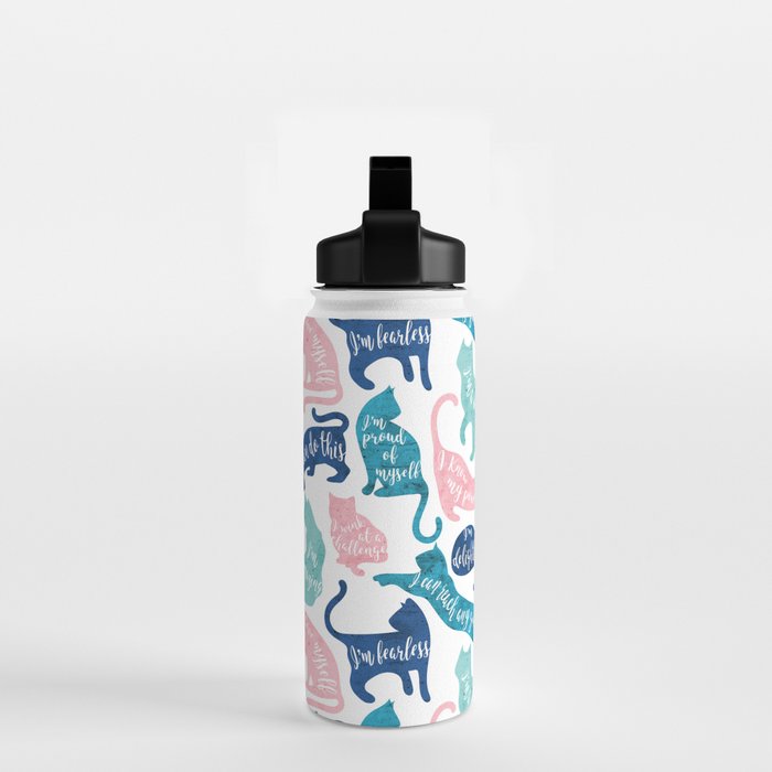 Be like a cat // white background pastel pink blue aqua and teal cat silhouettes with affirmations Water Bottle Gallery Image 2
