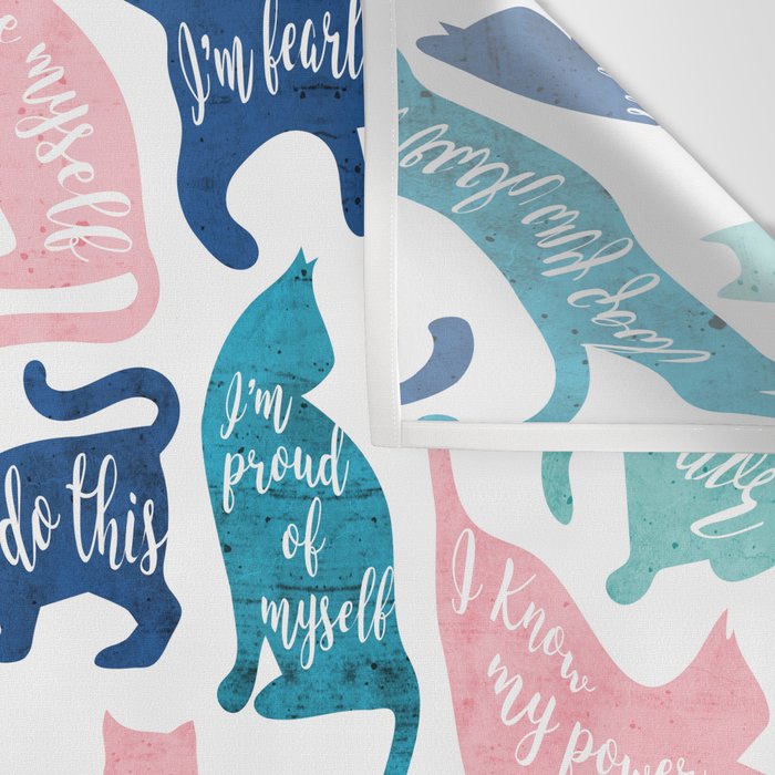 Be like a cat // white background pastel pink blue aqua and teal cat silhouettes with affirmations Wall Tapestry Gallery Image 3