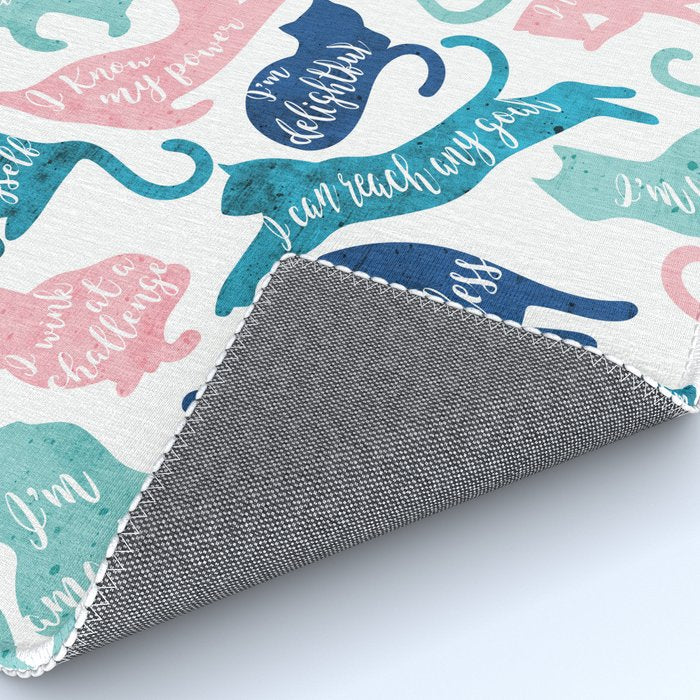 Be like a cat // white background pastel pink blue aqua and teal cat silhouettes with affirmations Rug Gallery Image 4