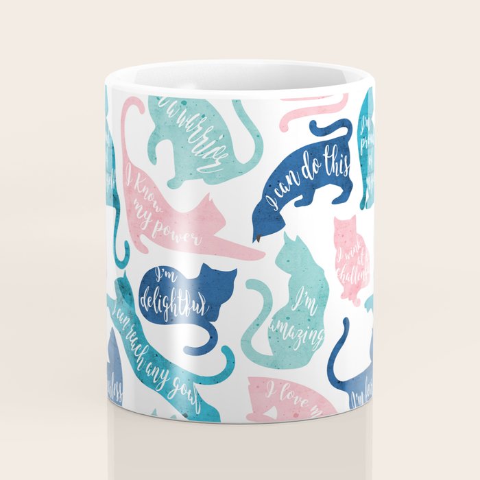 Be like a cat // white background pastel pink blue aqua and teal cat silhouettes with affirmations Coffee Mug Gallery Image 4