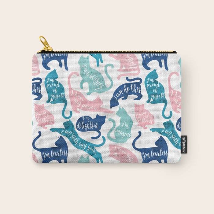 Be like a cat // white background pastel pink blue aqua and teal cat silhouettes with affirmations Carry All Pouch Gallery Image 1