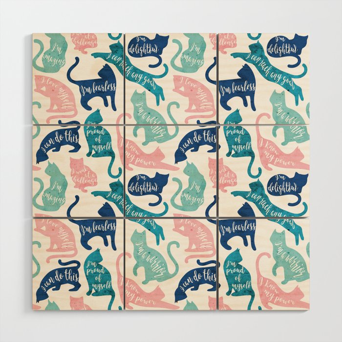 Be like a cat // white background pastel pink blue aqua and teal cat silhouettes with affirmations Wood Wall Art Gallery Image 1