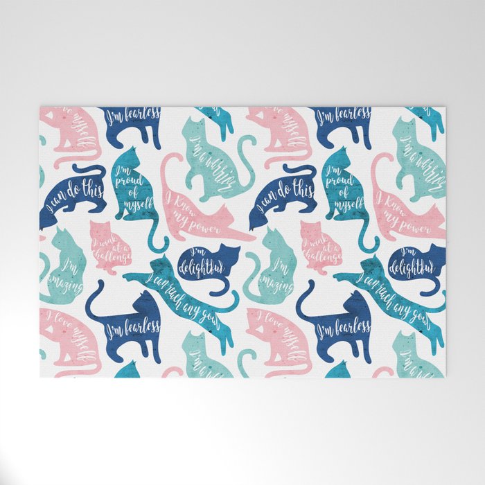 Be like a cat // white background pastel pink blue aqua and teal cat silhouettes with affirmations Welcome Mat Gallery Image 1