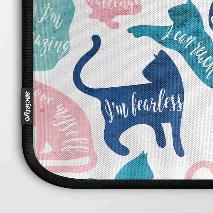 Be like a cat // white background pastel pink blue aqua and teal cat silhouettes with affirmations Laptop Sleeve Gallery Image 3