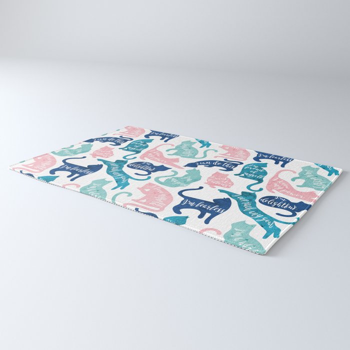 Be like a cat // white background pastel pink blue aqua and teal cat silhouettes with affirmations Rug Gallery Image 3