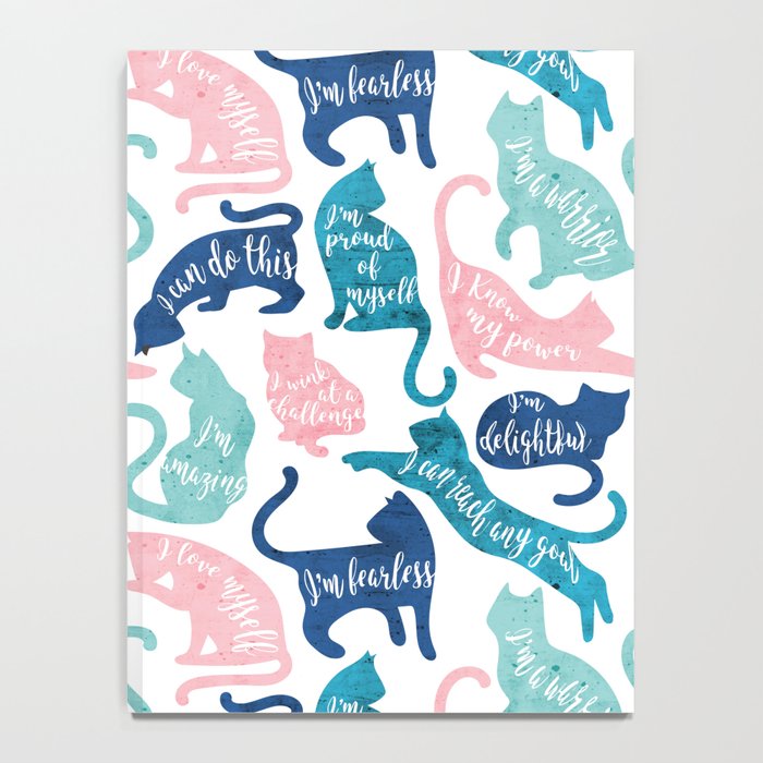 Be like a cat // white background pastel pink blue aqua and teal cat silhouettes with affirmations Notebook Gallery Image 4