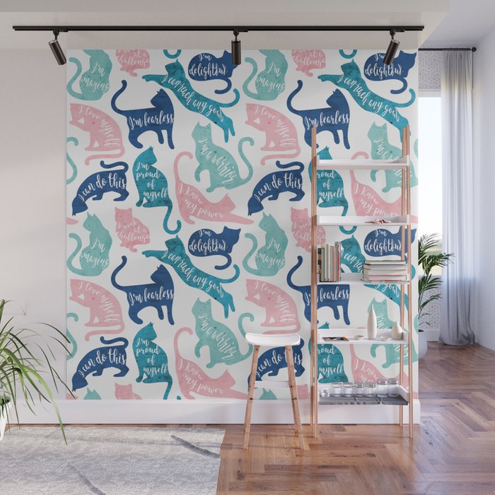 Be like a cat // white background pastel pink blue aqua and teal cat silhouettes with affirmations Wall Mural Gallery Image 1