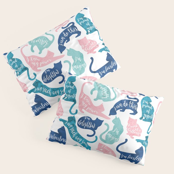 Be like a cat // white background pastel pink blue aqua and teal cat silhouettes with affirmations Pillow Sham Gallery Image 3