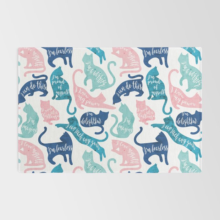 Be like a cat // white background pastel pink blue aqua and teal cat silhouettes with affirmations Rug Gallery Image 2