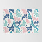 Be like a cat // white background pastel pink blue aqua and teal cat silhouettes with affirmations Rug Gallery Image 2