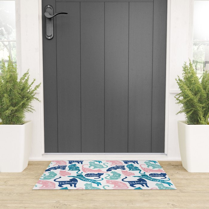 Be like a cat // white background pastel pink blue aqua and teal cat silhouettes with affirmations Welcome Mat Gallery Image 3