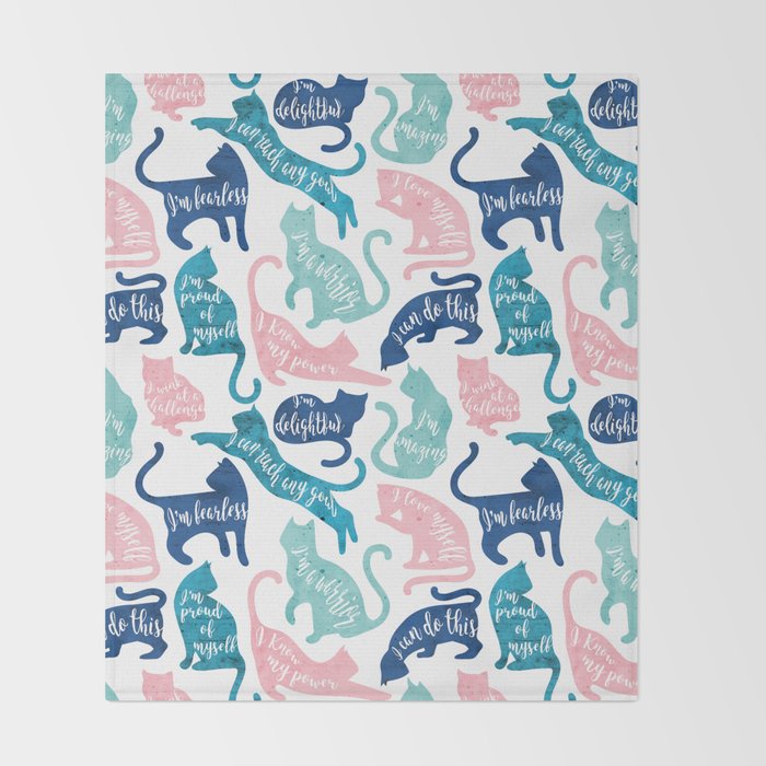 Be like a cat // white background pastel pink blue aqua and teal cat silhouettes with affirmations Throw Blanket Gallery Image 2
