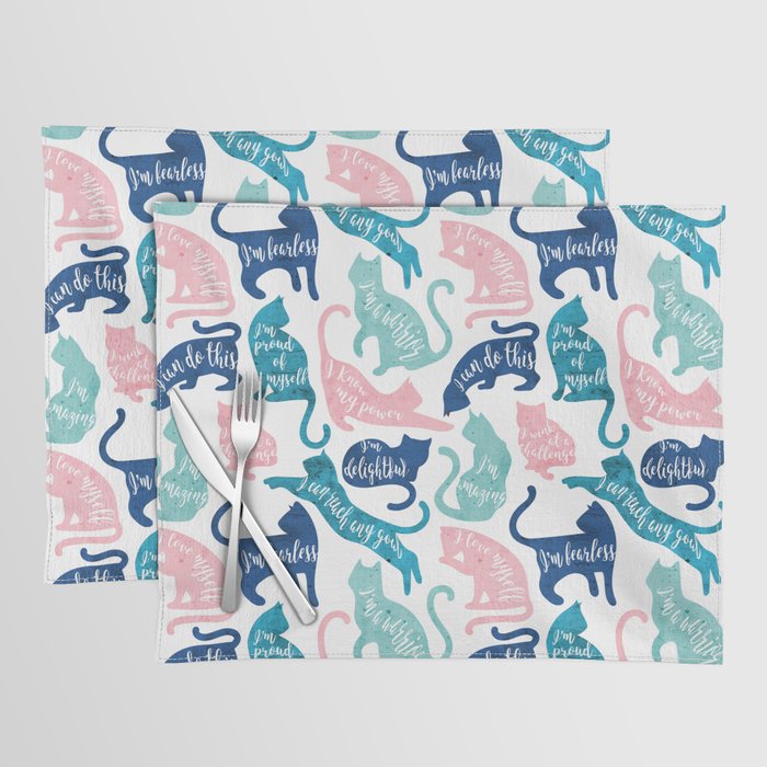 Be like a cat // white background pastel pink blue aqua and teal cat silhouettes with affirmations Placemat Gallery Image 1