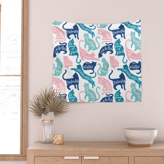 Be like a cat // white background pastel pink blue aqua and teal cat silhouettes with affirmations Wall Tapestry Gallery Image 2