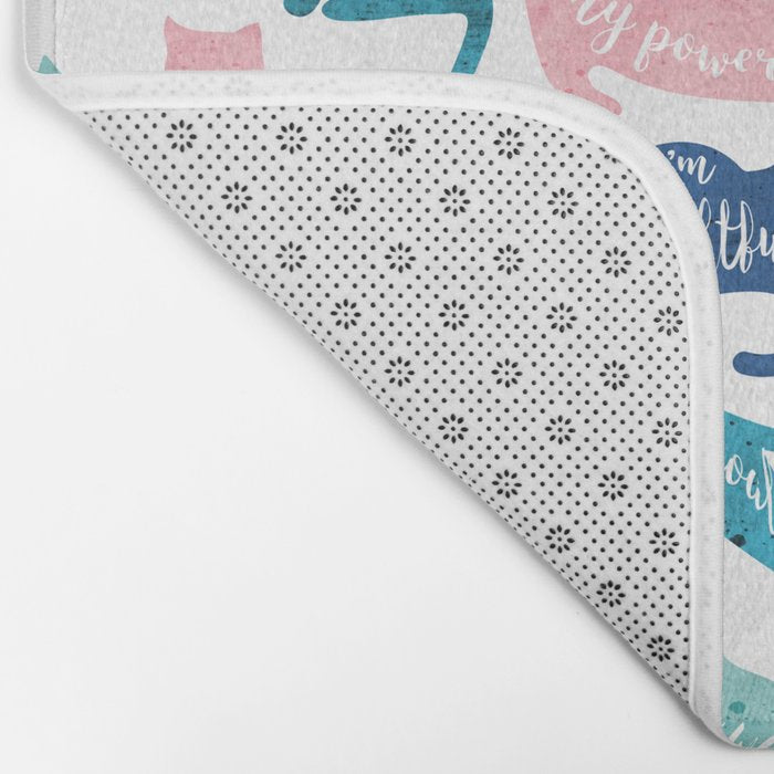Be like a cat // white background pastel pink blue aqua and teal cat silhouettes with affirmations Bath Mat Gallery Image 2