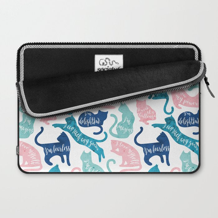 Be like a cat // white background pastel pink blue aqua and teal cat silhouettes with affirmations Laptop Sleeve Gallery Image 2
