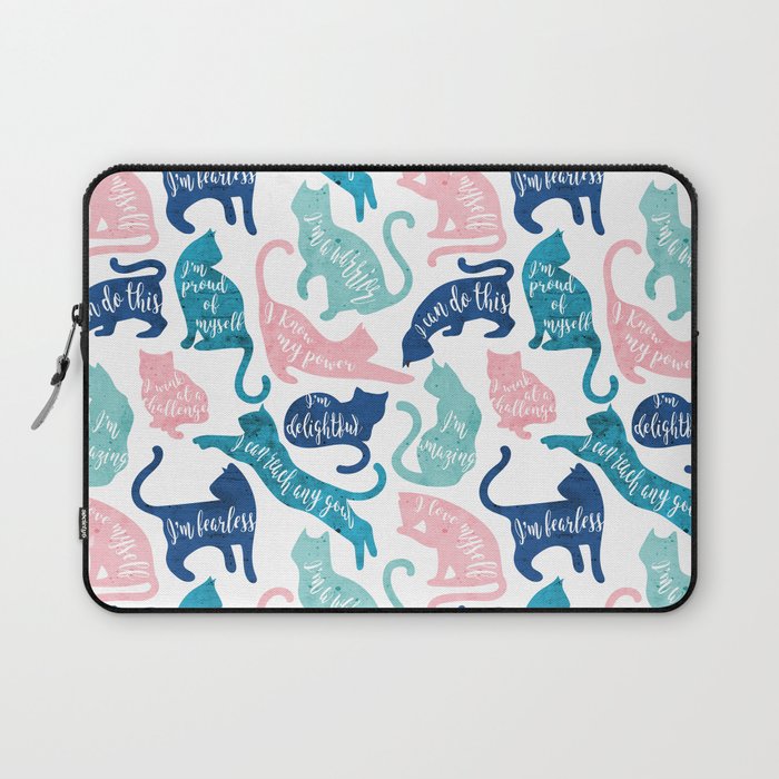 Be like a cat // white background pastel pink blue aqua and teal cat silhouettes with affirmations Laptop Sleeve Gallery Image 1