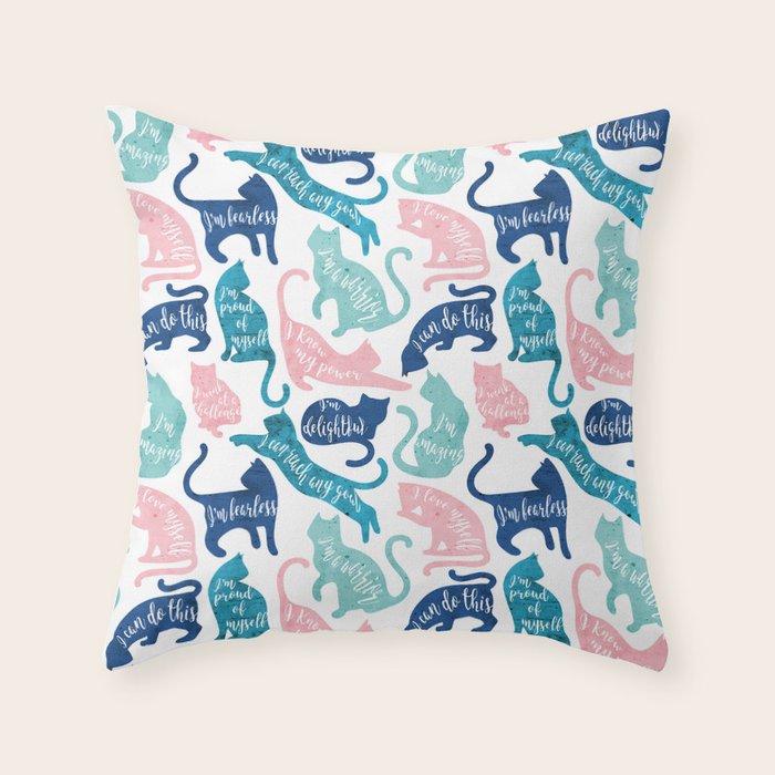 Be like a cat // white background pastel pink blue aqua and teal cat silhouettes with affirmations Throw Pillow Gallery Image 1