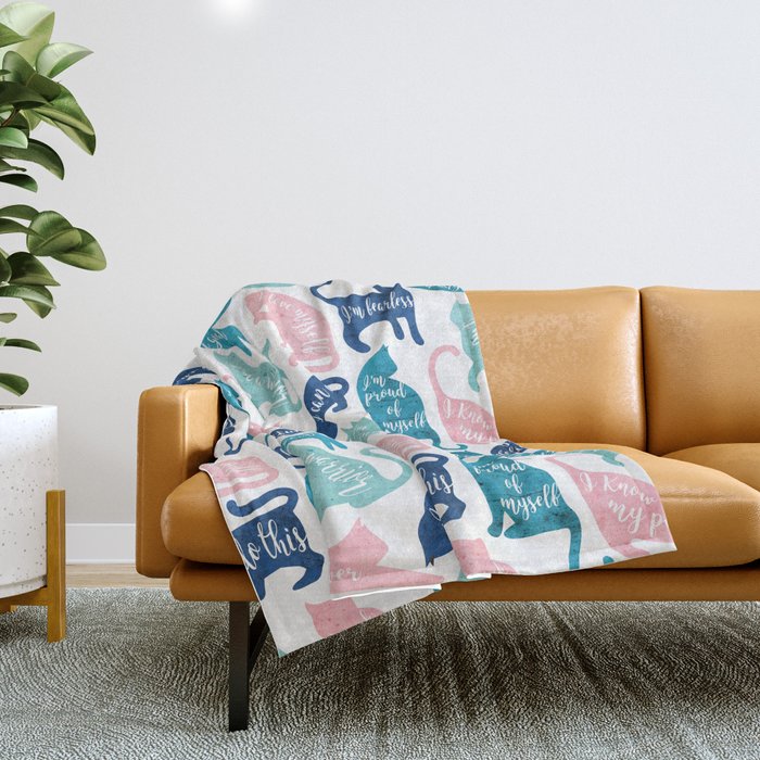 Be like a cat // white background pastel pink blue aqua and teal cat silhouettes with affirmations Throw Blanket Gallery Image 1
