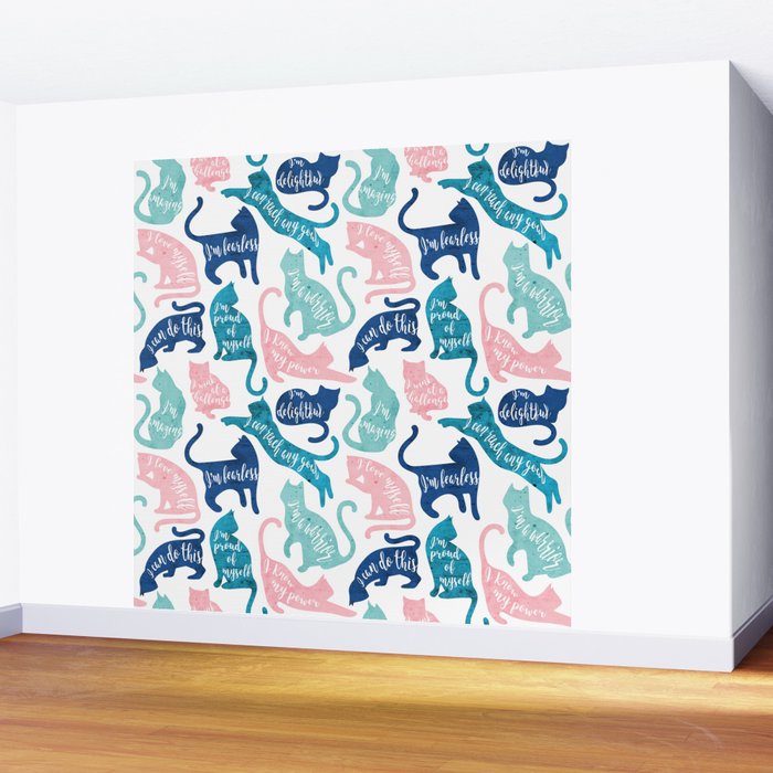 Be like a cat // white background pastel pink blue aqua and teal cat silhouettes with affirmations Wall Mural Gallery Image 2
