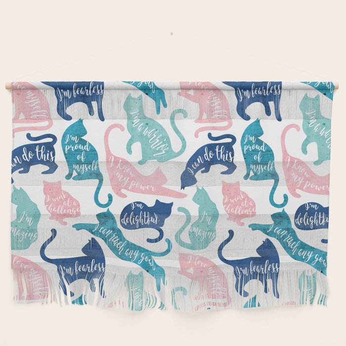 Be like a cat // white background pastel pink blue aqua and teal cat silhouettes with affirmations Wall Hanging Gallery Image 1