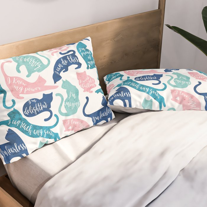 Be like a cat // white background pastel pink blue aqua and teal cat silhouettes with affirmations Pillow Sham Gallery Image 2