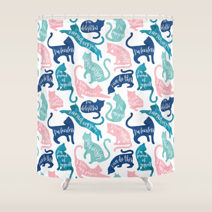 Be like a cat // white background pastel pink blue aqua and teal cat silhouettes with affirmations Shower Curtain Gallery Image 1