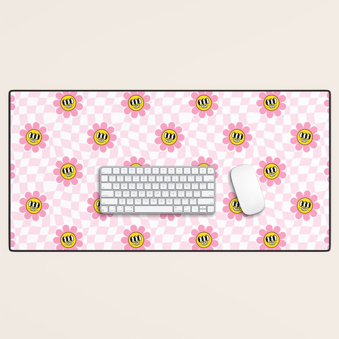 Funny retro flower cartoon checkered pattern Desk Mat Gallery Image 1