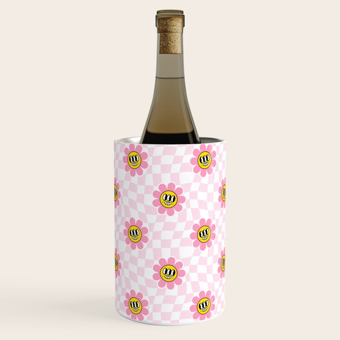Funny retro flower cartoon checkered pattern Wine Chiller Gallery Image 1