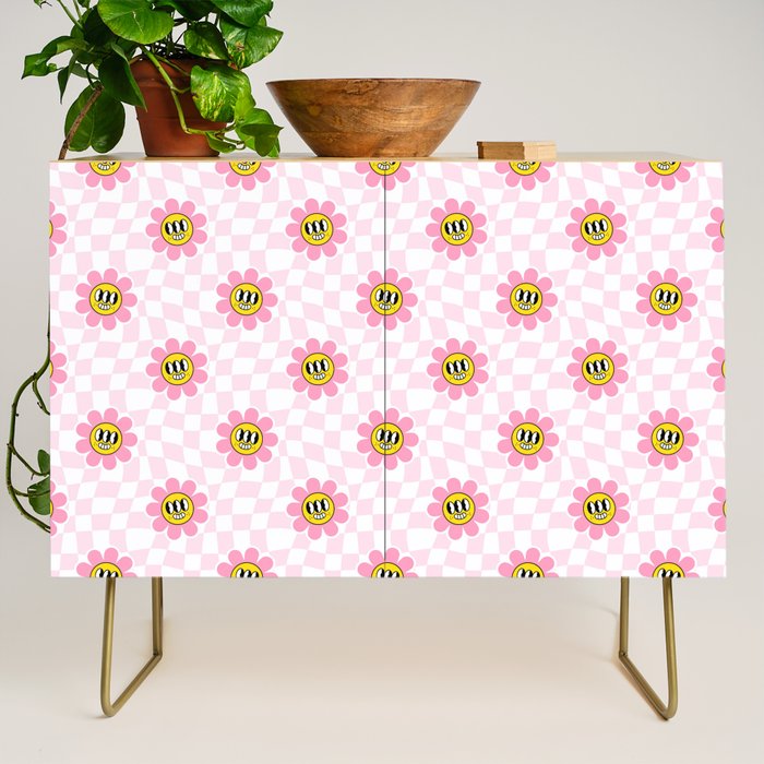 Funny retro flower cartoon checkered pattern Credenza Gallery Image 1