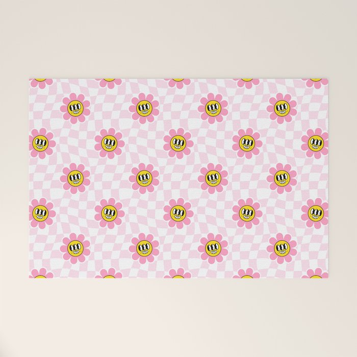 Funny retro flower cartoon checkered pattern Welcome Mat Gallery Image 1