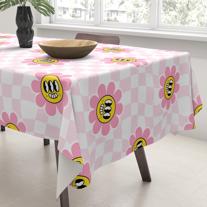 Funny retro flower cartoon checkered pattern Tablecloth Gallery Image 3