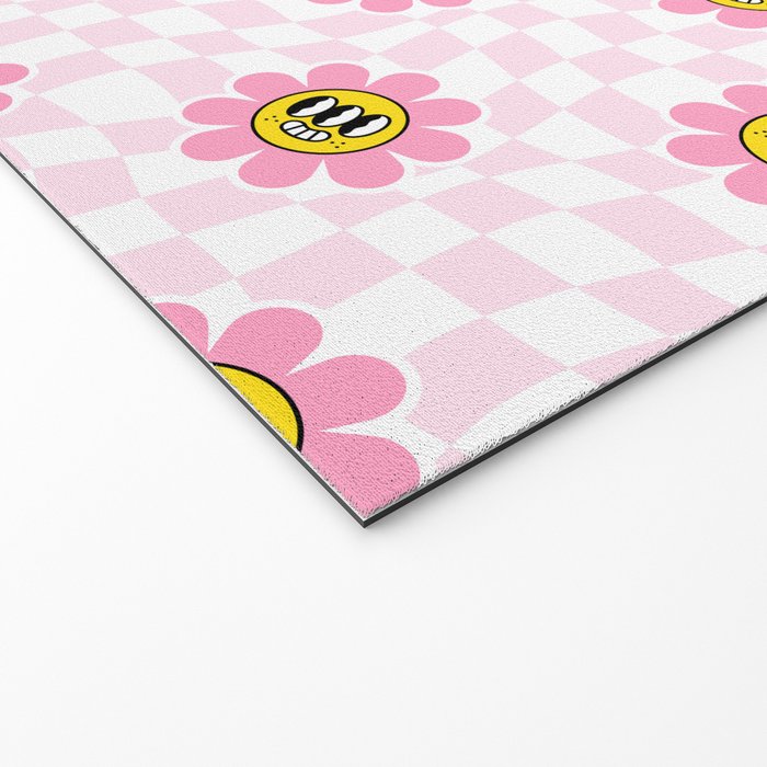 Funny retro flower cartoon checkered pattern Welcome Mat Gallery Image 2
