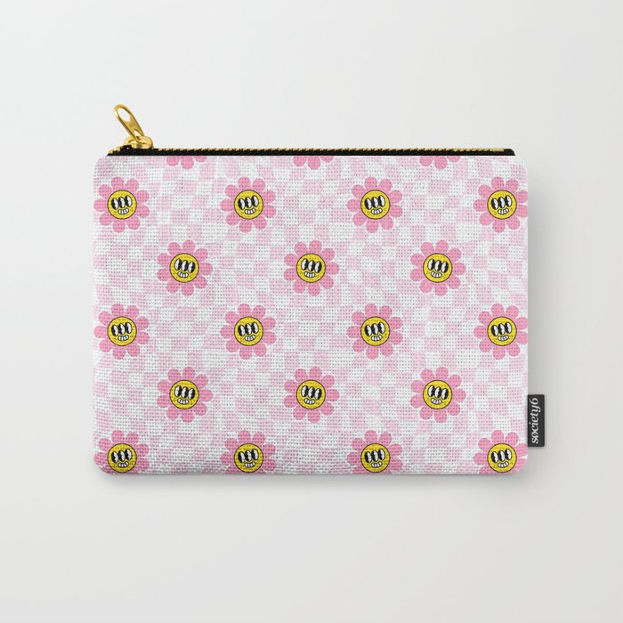 Funny retro flower cartoon checkered pattern Carry All Pouch Gallery Image 1