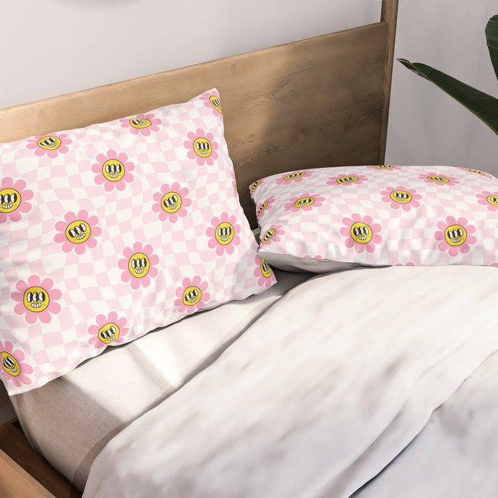 Funny retro flower cartoon checkered pattern Pillow Sham Gallery Image 2