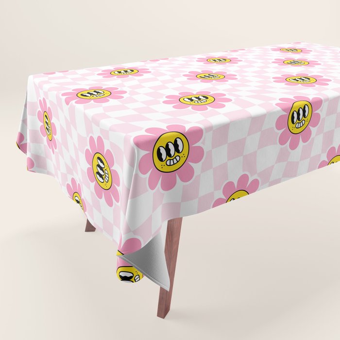Funny retro flower cartoon checkered pattern Tablecloth Gallery Image 1