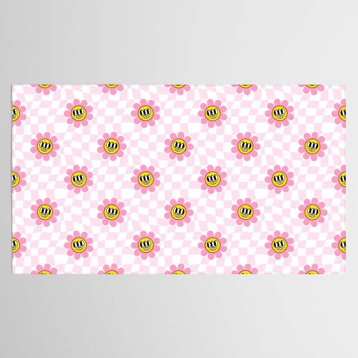 Funny retro flower cartoon checkered pattern Tablecloth Gallery Image 2