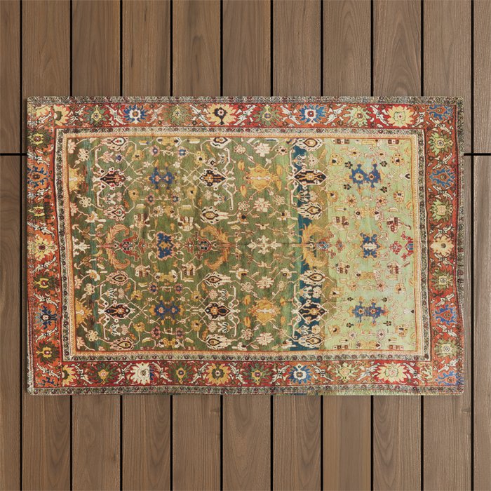 Antique Copper Green Abrashed Persian Rug Print Outdoor Rug Gallery Image 1