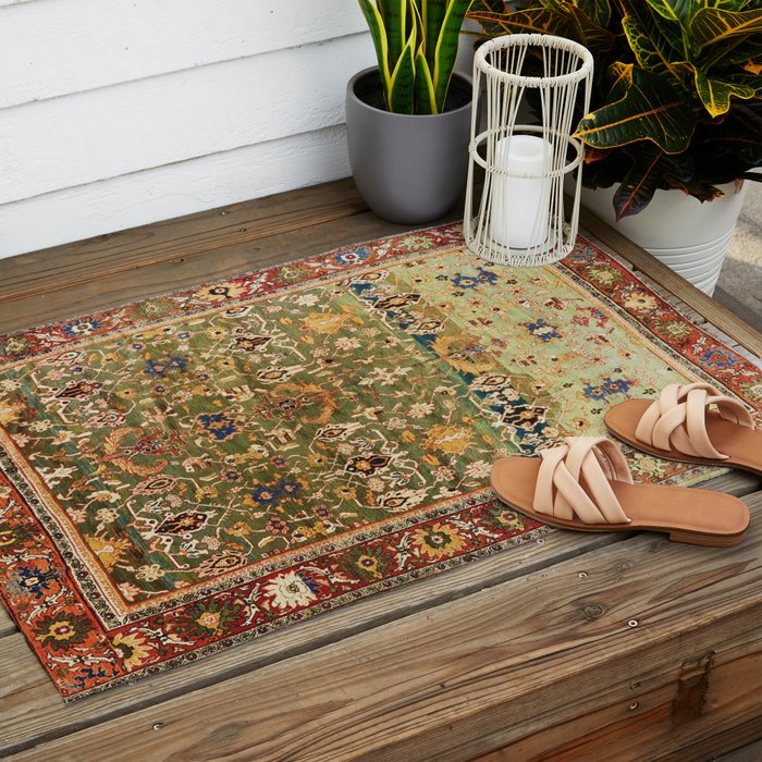 Antique Copper Green Abrashed Persian Rug Print Outdoor Rug Gallery Image 2