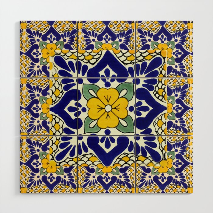 talavera mexican tile in yellow and blu Wood Wall Art Gallery Image 1