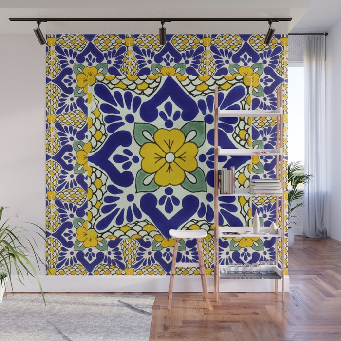 talavera mexican tile in yellow and blu Wall Mural Gallery Image 1