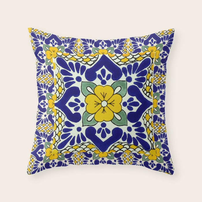 talavera mexican tile in yellow and blu Throw Pillow Gallery Image 1