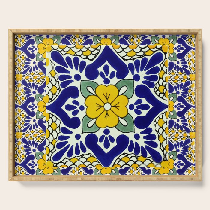 talavera mexican tile in yellow and blu Serving Tray Gallery Image 1