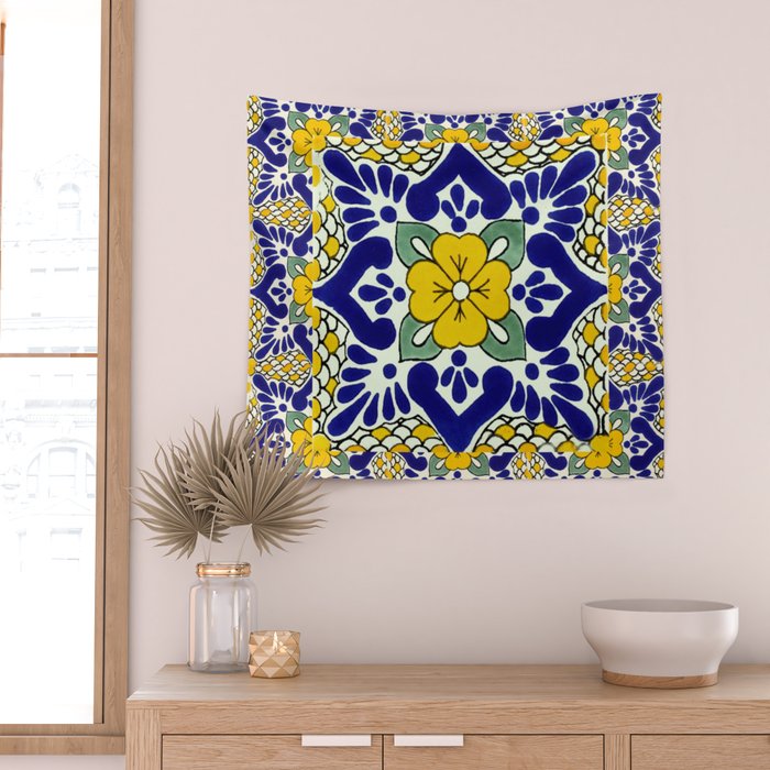 talavera mexican tile in yellow and blu Wall Tapestry Gallery Image 2