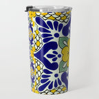 talavera mexican tile in yellow and blu Travel Mug Gallery Image 3