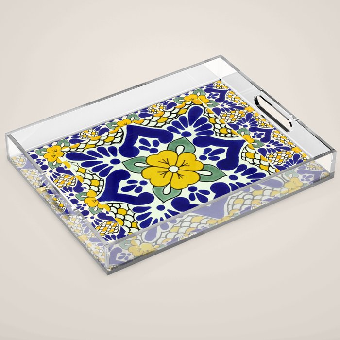 talavera mexican tile in yellow and blu Acrylic Tray Gallery Image 1